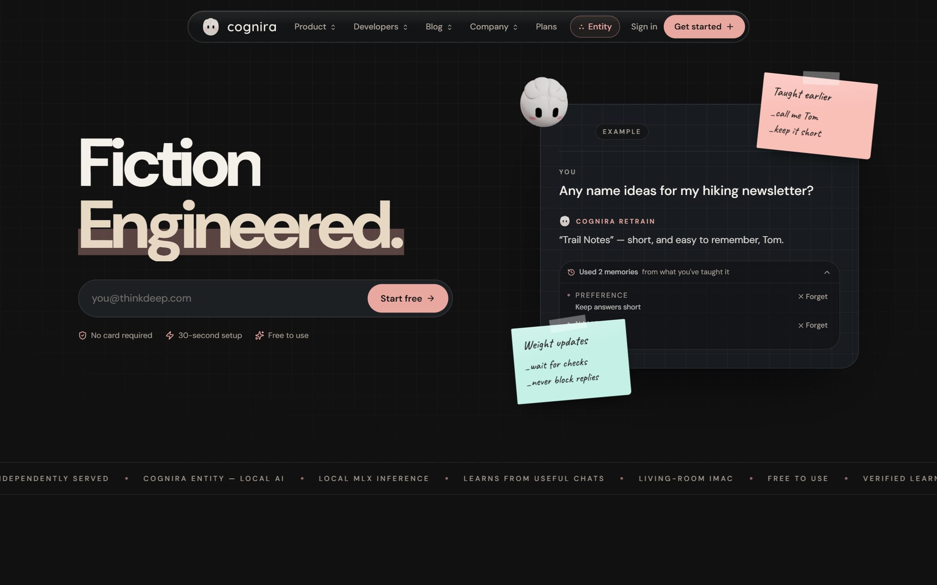 The cognira.dev homepage: Fiction Engineered, with an example chat that remembers to call the user Tom