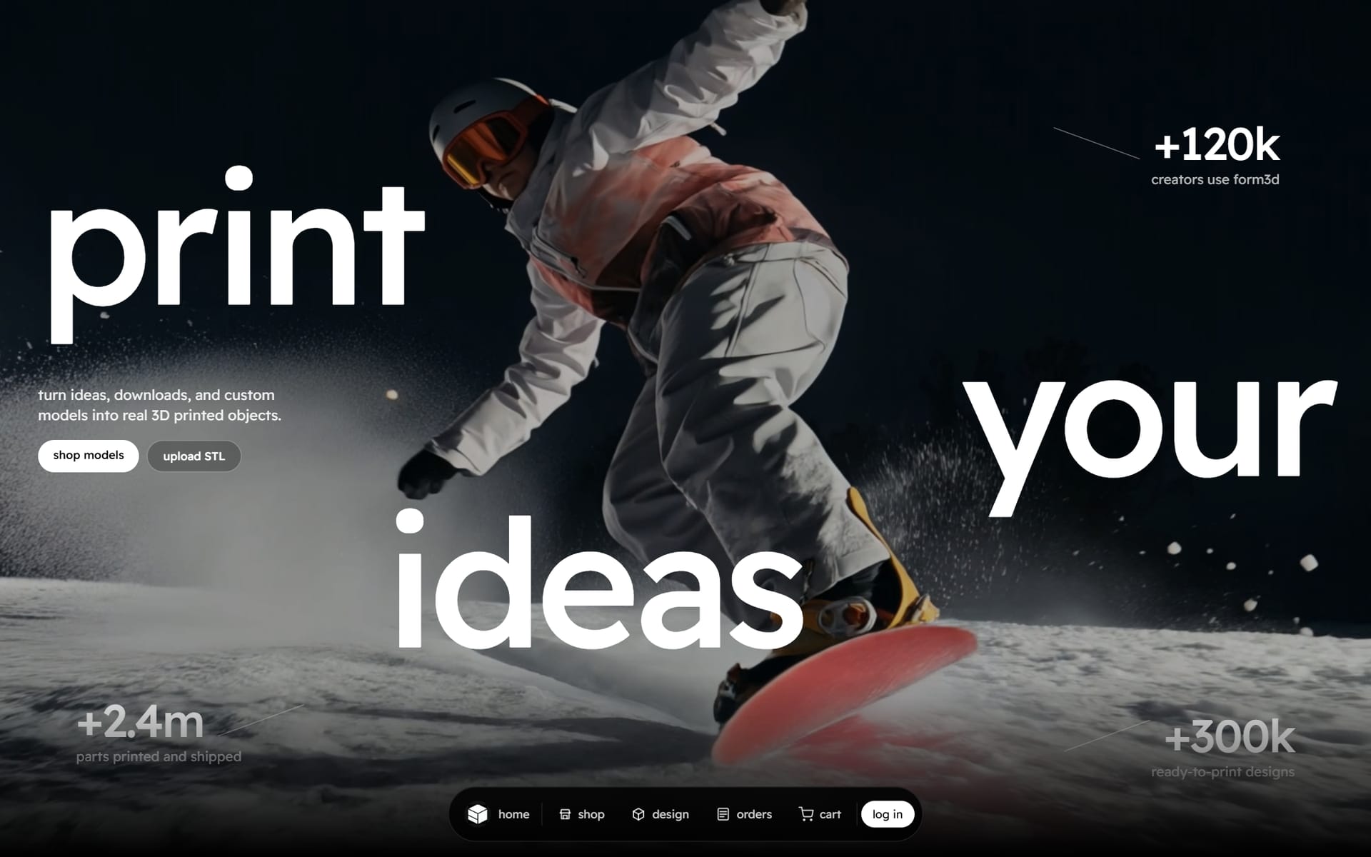 The form3d.uk homepage: print your ideas, with buttons to shop models or upload an STL